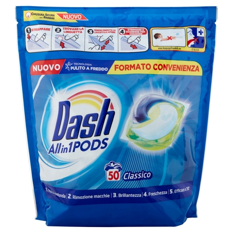 Dash PODS Allin1 Detersivo Lavatrice in Capsule per Bucato Classico 50 Lavaggi 1260 g